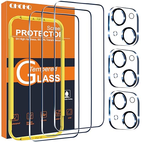 QHOHQ 3 Pack Screen Protector for iPhone 15 [6.1 Inch] with 3 Pack Camera Lens Protector, Tempered Glass Film, HD Clear, 9H Hardness, No Bubbles, Case Friendly - size: iPhone 15 6,1 Inch
