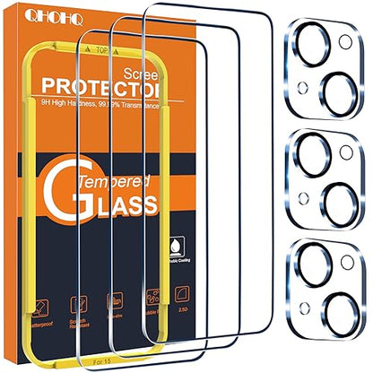 QHOHQ 3 Pack Screen Protector for iPhone 15 [6.1 Inch] with 3 Pack Camera Lens Protector, Tempered Glass Film, HD Clear, 9H Hardness, No Bubbles, Case Friendly - size: iPhone 15 6,1 Inch