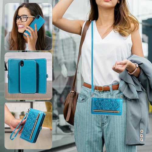 Asuwish Phone Case for iPhone XR 6.1 Zipper Wallet Magnetic Cell Cover with Tempered Glass Screen Protector Strap Flower Card Holder iPhoneXR iPhone10R i Phonex 10XR 10R RX CR iPhoneXRcases Women Blue - color: Blue