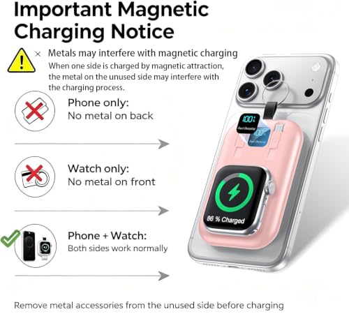 Magnetic Portable Charger 10000mAh Wireless Power Bank with Built-in Cables - color: pink