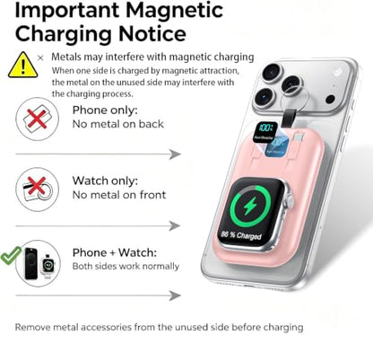 Magnetic Portable Charger 10000mAh Wireless Power Bank with Built-in Cables - color: pink