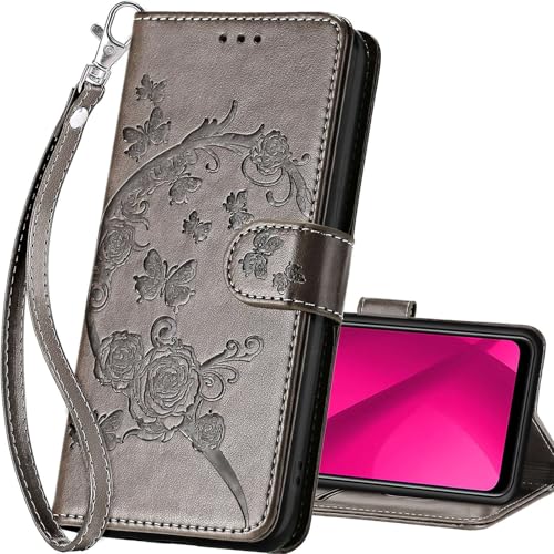 for T-Mobile Revvl 7 5G Wallet case, Gray Flower | 3 Card Holders, Kickstand, Shockproof TPU Shell, PU Leather, Magnetic Closure, Protective Flip Folio Cover, Women - color: 9