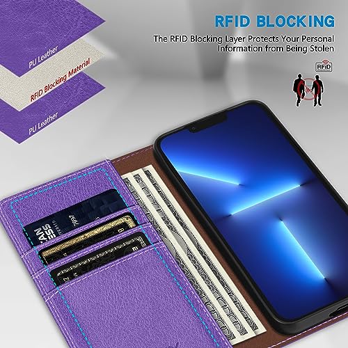 ZZXX iPhone 13 Pro 6.1 inch Cellular Phone Case, Wallet with RFID Blocking, Card Slot, Magnetic Leather Flip Protective Cover (Purple) - color: Purple, size: iPhone 13 Pro