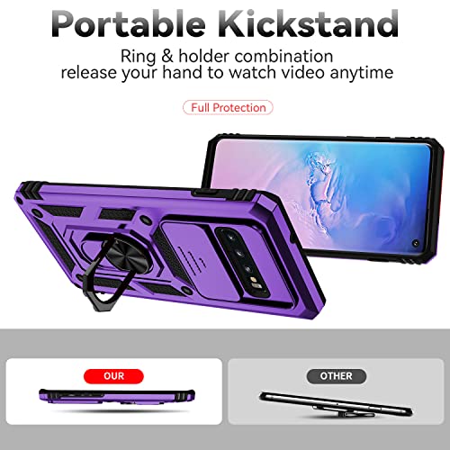 for Samsung Galaxy S10 Plus Case with Camera Lens Cover HD Screen Protector, Military-Grade Drop Tested Magnetic Ring Holder Kickstand Protective Phone Case for Samsung Galaxy S10+ Plus (Purple) - color: Purple with camera cover Military-Grade 2nd gen