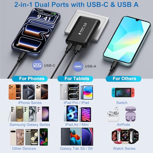 Flat USB C Wall Charger, Costyle 2 Pack 50W Slim USB A and USB C Power Adapter Plug PD+QC 3.0 Fast Charging Block with Foldable Outlet Plug for Galaxy A16 A14 A03S A05,iPhone 16 15(Black) - color: Black