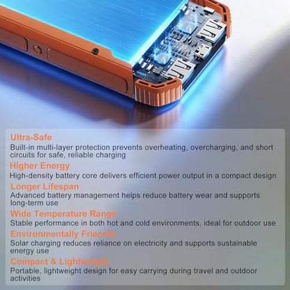 Solar Charger Power Bank 20000mAh, Wireless Fast Charging Battery Pack with 3 Built-in Cables & USB-C Input, Dual LED Flashlights, Portable Phone Charger for Camping, Travel & Emergency Use - color: Orange