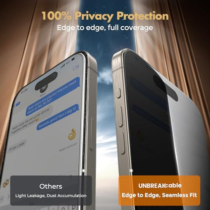 UNBREAKcable Privacy Screen Protector for iPhone 15 Pro, Full Coverage Shatterproof Tempered Glass [True 28°Anti Spy] [9H Hardness] [Easy Installation Frame] 2-Pack Private Screen for iPhone 15 Pro - size: iPhone 15 Pro