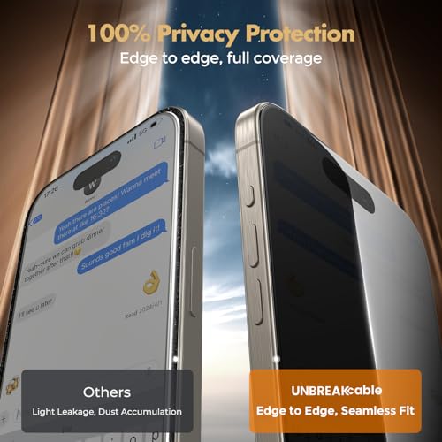 UNBREAKcable Privacy Screen Protector for iPhone 15 Pro, Full Coverage Shatterproof Tempered Glass [True 28°Anti Spy] [9H Hardness] [Easy Installation Frame] 2-Pack Private Screen for iPhone 15 Pro - size: iPhone 15 Pro