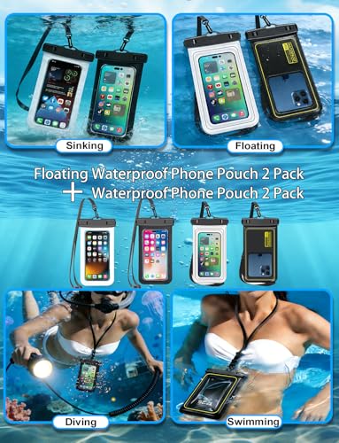 Famoby 4 Pack IP68 Waterproof Phone Pouch (2 Pack Floating and 2 Pack Sinking Waterproof Phone Pouch) Adjustable Neck Lanyard Dry Bag for Apple iPhone,Samsung,and up to 8.5" Black,White - color: Multicolor,H,White,Black,Floating,Sinking