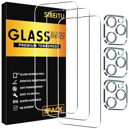 SIBEITU 3+3 Pack Screen Protector + Camera Lens Protector for iPhone 14 Pro | 6.1 Inch HD 9H Hardness Tempered Glass Film, Scratch Resistant, Sensor Protection, Case Friendly, High Response, Bubble Free - size: iPhone 14 Pro 6.1"