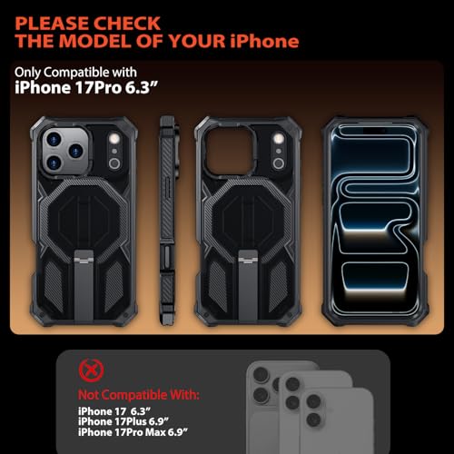 for iPhone 17 Pro Max Case with Kickstand, [15FT Military-Grade Drop Protection] [Compatible with MagSafe] Rugged Shockproof Heavy Duty Magnetic iPhone 17 Pro Max Phone Case Cover (Black) - color: Black