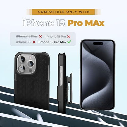 MOTIVE for iPhone 15 Pro Case with Belt Clip, Rigid, Kickstand | 6.1" | Ranger v1 Series, Black, 360° holster, open-top/open-bottom port access, textured grip, slim - size: iPhone 15 Pro