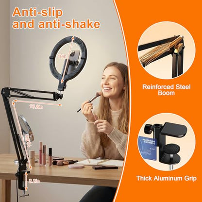 Magnetic Overhead Ring Light for Desk, 10” Selfie Light with Stand Tripod for iPhone, Adjustable Overhead Phone Mount with MagSafe-Compatible Holder for Recording, YouTube Video, Live Streaming