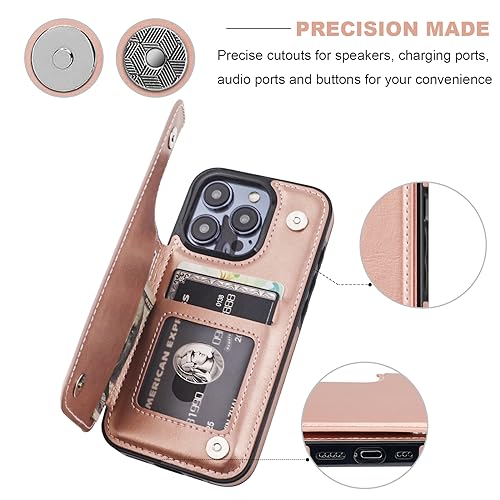 ONETOP for iPhone 15 Pro Wallet Case with Credit Card Holder,Rosegold | Kickstand,ID/Cash Holder,Case Wallet with Card Slots,Double Magnetic Clasp,Durable PU Leather Shockproof Cover for Women Men - color: Rose Gold