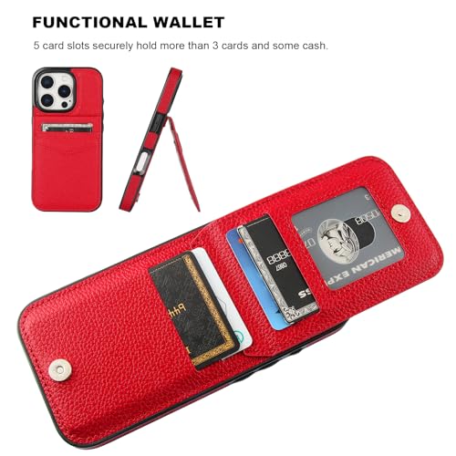 KIHUWEY for iPhone 16 Pro Wallet Case Card Holder Kickstand, Lichee Red | Credit Card Slots, PU Leather, Magnetic Clasp, Flip Heavy Duty Protection Cover for Men and Women - color: Lichee Red