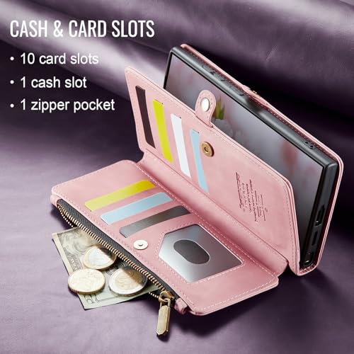 Defencase for Samsung Galaxy S23 Ultra Wallet Case with Card Holder, Pink | Durable PU Leather, with RFID Blocking Zipper Pocket, Wrist Strap, S23 Ultra Flip Phone Cases Cover with Stand for Women Men - color: Airy Rose Pink