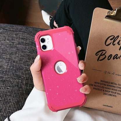 IDweel for iPhone 11 Case with Screen Protector(Tempered Glass), Hybrid 3 in 1 Shockproof Slim Fit Heavy Duty Protection Hard PC Cover Soft Silicone Bumper Full Body Case,Glitter Rose Red - color: Glitter Rose Red