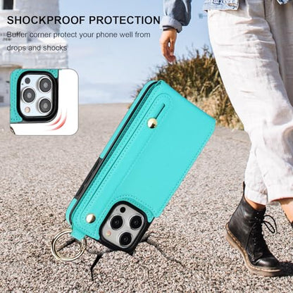 Folosu for iPhone 15 Pro Max Wallet Case with Card Holder, Hand Wrist Strap Loop Holder Kickstand, RFID Blocking Finger Grip Ring PU Leather Double Buttons Shockproof Cover 6.7" Green - color: Mint Green