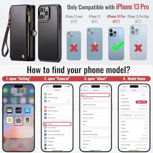 Defencase for iPhone 13 Pro Case Wallet Compatible with Magsafe, Black | Drop-Proof Magnetic Detachable Phone Cases Cover, with RFID Bolcking Card Holder, Zipper Strap, PU Leather, Removable Wallet - color: (Detachable with Magsafe)-Black