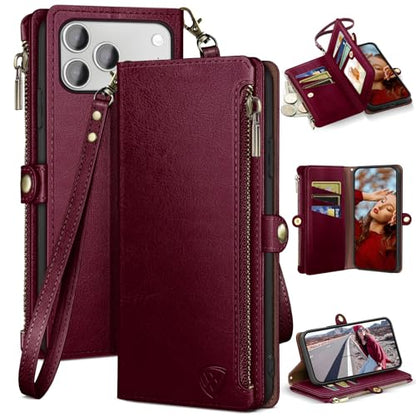 XcaseBar Compatible with iPhone 17 Pro 6.3" Wallet case with Zipper Credit Card Holder【RFID Blocking】,Flip Folio Book PU Leather Phone case Shockproof Cover Women Men for Apple 17 Pro case Wine Red - color: Wine Red, size: iPhone 17 Pro 6.3"