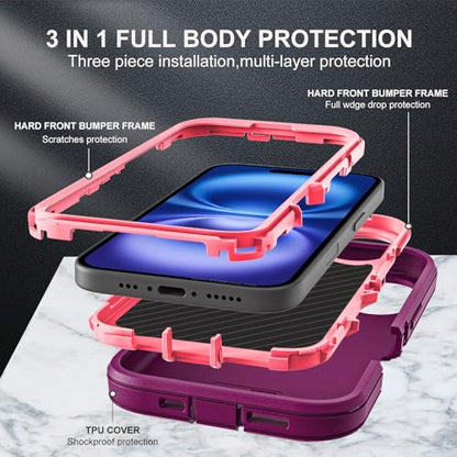 YKHJKLEC for iPhone 16 Case, Compatible with Magsafe, Military Grade 3 in 1 Heavy Duty Shockproof/Drop Proof/Dust Proof Case with 2Pcs Tempered Glass Screen Protector (New-Purple/Pink) - color: New-Purple/Pink