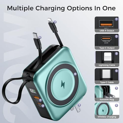 10000mAh Portable Charger Power Bank Built in Cables&Wall Plug - color: Green