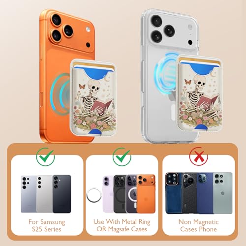 Compatible with Magsafe Wallet Magnetic Card Holder -White Skeleton Book Phone Wallets for Women Teen Girls Cute for iPhone 17/16/15/14/13/12 Series Slim for Apple Mag RFID Magnet,Fit 3 Cards - color: White Skeleton Book