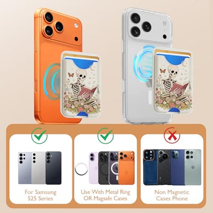 Compatible with Magsafe Wallet Magnetic Card Holder -White Skeleton Book Phone Wallets for Women Teen Girls Cute for iPhone 17/16/15/14/13/12 Series Slim for Apple Mag RFID Magnet,Fit 3 Cards - color: White Skeleton Book