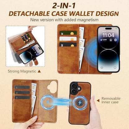 2 in 1 PU Leather for iPhone 16 Leather Case, Detachable Wallet Case with Card Holder, Removable Flip Folio Cover with RFID Blocking, Stand Shockproof Phone Cover（Compatible with MagSafe） Brown - color: Brown, size: Iphone 16