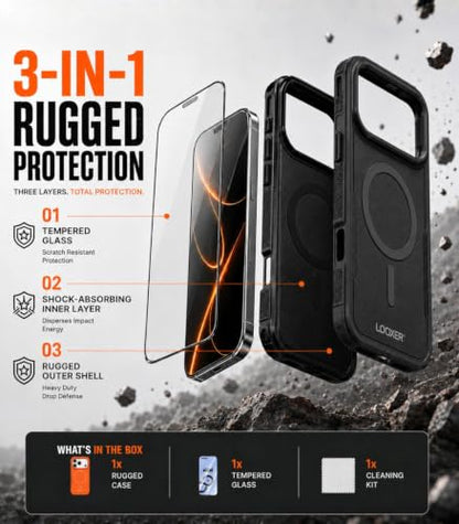 LOOXER® Heavy Duty Rugged Magnetic Case for iPhone 17 Pro (6.3”) | Military Grade Shockproof Protection,MagSafe Compatible+ Tempered Glass Included (Black, 17 Pro) - color: Black, size: 17 Pro