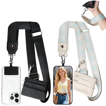 2pcs Clip and Go Strap for Phone with Wallet Crossbody Strap with Pouch - color: Blue White+black