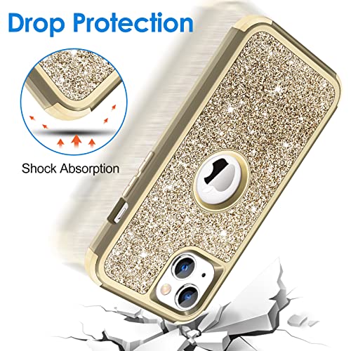 Hython Case for iPhone 13 Case Glitter, Cute Sparkly Shiny Bling Sparkle Cover, Heavy Duty 3 in 1 Hybrid Hard PC Soft TPU Bumper Full Body Shockproof Protective Phone Cases for Women Girls, Gold - color: Gold