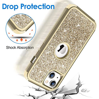 Hython Case for iPhone 13 Case Glitter, Cute Sparkly Shiny Bling Sparkle Cover, Heavy Duty 3 in 1 Hybrid Hard PC Soft TPU Bumper Full Body Shockproof Protective Phone Cases for Women Girls, Gold - color: Gold