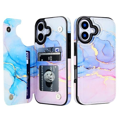 HAOPINSH Wallet Case with Card Holder for Phone 17, Pink Blue Marble Pattern Back Flip Folio PU Leather Kickstand Card Slots Case for Women Girls,Clasp Shockproof Cover 6.3" - color: Pink Blue Marble