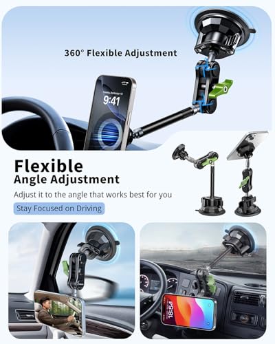 Magnetic Car Phone Holder, Ultra Stable Windshield Phone Mount, Strong Suction Cup & Powerful Magnetic, 360° Rotatable, Durable Premium Aluminum Alloy, for All Vehicles & All Smartphones - style: Extended