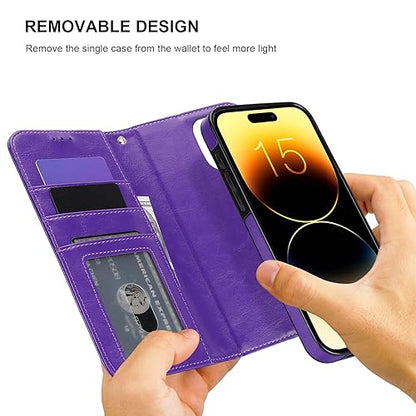 Bocasal Detachable Wallet Case Card Holder for iPhone 15 Pro Max Purple | RFID Blocking Kickstand Card Slots Holder PU Leather Magnetic Shockproof Wrist Strap Removable Flip Protective Cover 6.7 inch - color: Purple