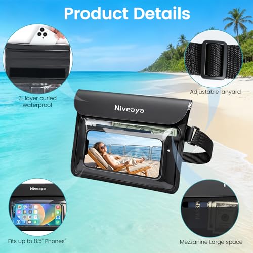 Niveaya IPX8 Waterproof Fanny Pack, Waterproof Pouch Dry Bag for Beach, Kayaking, Swimming, Boat Travel Cruise Essentials, Waterproof Phone Bag Passport Holder for Women Men(2 Pack) - color: Black+Pink