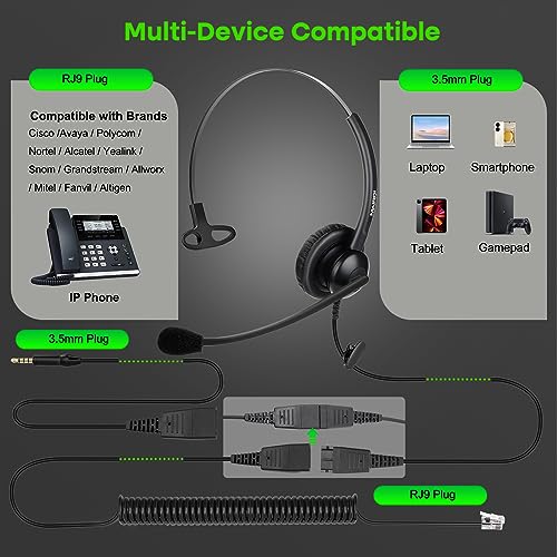 MAIRDI Telephone Headset with Microphone Noise Canceling, Binaural Call Center Office Headphone with RJ9 Jack & 3.5mm Connector for Landline Phone Cell Phone PC Laptop, Work for Polycom Avaya Nortel