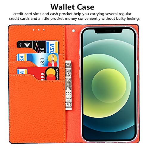 iCoverCase Compatible with iPhone 13 Wallet Case, RFID Blocking Genuine Leather Magnetic Case with Wrist Strap and Card Slots Kickstand Feature Flip Cover 6.1 Inch (Navy Blue) - color: Navy Blue, size: iPhone 13