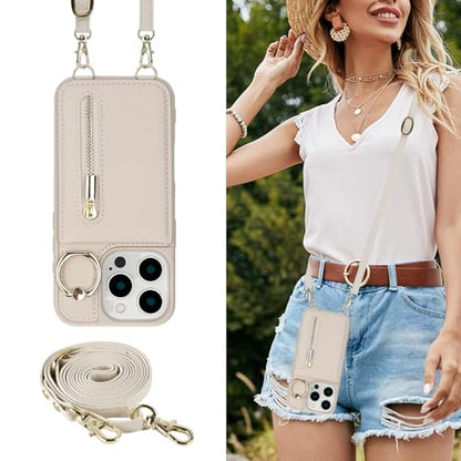 Crossbody Wallet Case for iPhone 12 Pro Max, with Card Slots Zipper Pocket Case, Flip Folio Purse RFID Blocking with Ring Kickstand Detachable Strap-Beige - color: Beige, size: iPhone 12 Pro Max(6.7")