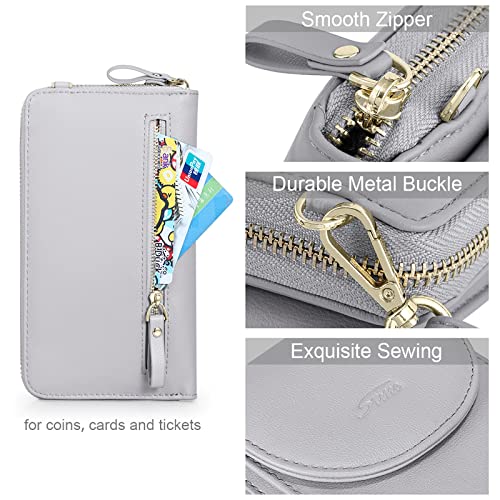 S-ZONE Small Crossbody Bags for Women Phone Purse RFID Blocking Wallet | Card Slots, Vegan Leather, Anti-theft, Multi Pockets, Detachable Adjustable Strap, Travel Eveyday Outing - color: Light Gray