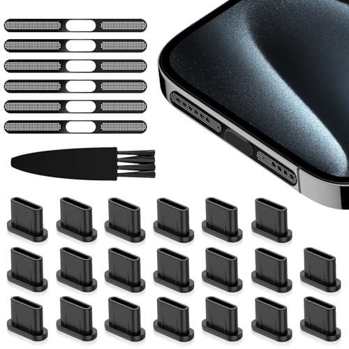 USB C Dust Plug Port Cover Protectors 20 PCS with Phone Speaker Cover Bumper Stickers 6 PCS Compatible for iPhone 17, iPhone 15/16/16 Plus/16 Pro/16 Pro Max with Cleaning Brush Accessories - size: for iPhone 17, iPhone 15 16 Plus Pro Max