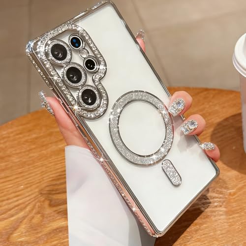 for Samsung Galaxy S26 Ultra Clear Glitter Case Magnetic, [Compatible with MagSafe] Women Cute Bling Diamond Sparkly Case Camera Lens Protectors Plating Cover for Galaxy S26 Ultra, Silver - color: Silver