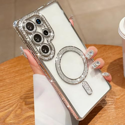 for Samsung Galaxy S26 Ultra Clear Glitter Case Magnetic, [Compatible with MagSafe] Women Cute Bling Diamond Sparkly Case Camera Lens Protectors Plating Cover for Galaxy S26 Ultra, Silver - color: Silver