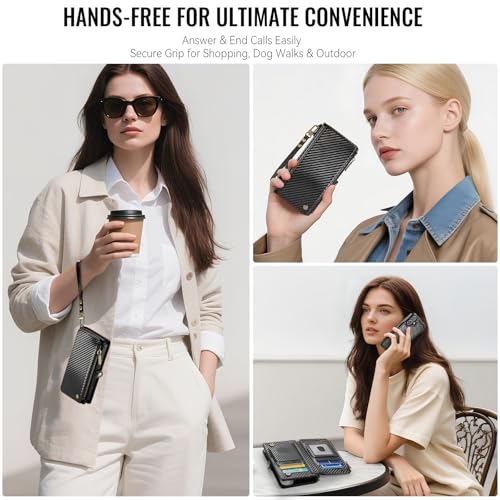 Defencase for iPhone 17 Phone Case Wallet Compatible with Magsafe, C-Black | Magnetic Detachable, Drop-Proof Protective Wallet Cases Cover, with RFID Bolcking Card Holder, Zipper Strap, Soft PU Leather - color: (Detachable with Magsafe)-Carbon Fiber Black