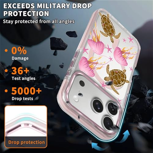 VisEnt Clear Case for iPhone 17 Pro, Magnetic Phone Case, Transparent Slim Cover, Military Grade Protection, Shockproof, Anti-Yellowing, Scratch Resistant, Pink Jellyfish Sea Turtle - color: Pink Jellyfish Sea Turtle, size: Iphone 17 Pro