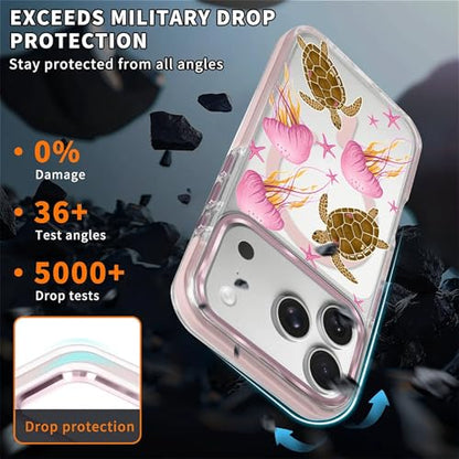 VisEnt Clear Case for iPhone 17 Pro, Magnetic Phone Case, Transparent Slim Cover, Military Grade Protection, Shockproof, Anti-Yellowing, Scratch Resistant, Pink Jellyfish Sea Turtle - color: Pink Jellyfish Sea Turtle, size: Iphone 17 Pro