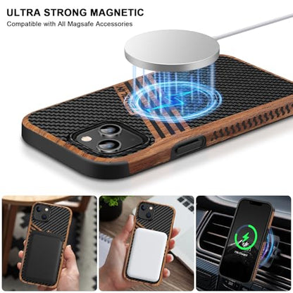 TENDLIN Magnetic Case Compatible with iPhone 14 Plus Case Wood Grain with Carbon Fiber Texture Design Leather Hybrid Slim Cover (Compatible with MagSafe) Three Stripe - color: Magnetic Three Stripe, size: iPhone 14 Plus