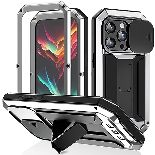 Lunivop for iPhone 15 Pro Max Case Heavy Duty Protection Rugged Screw Full Body Military Grade Metal Rubber with Stand Hard Built in Screen Protector Phone for iPhone 15 ProMax Case Silver - color: Silver
