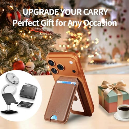 Magnetic Phone Wallet Stand for iPhone,4-Card Holder with RFID Blocking,6X Stronger Magnet,0.28in Slim Vegan Leather,Built-in Mirror &180° Stand for iPhone 17/16/15/14/13/12 Series(Brown) - color: Brown